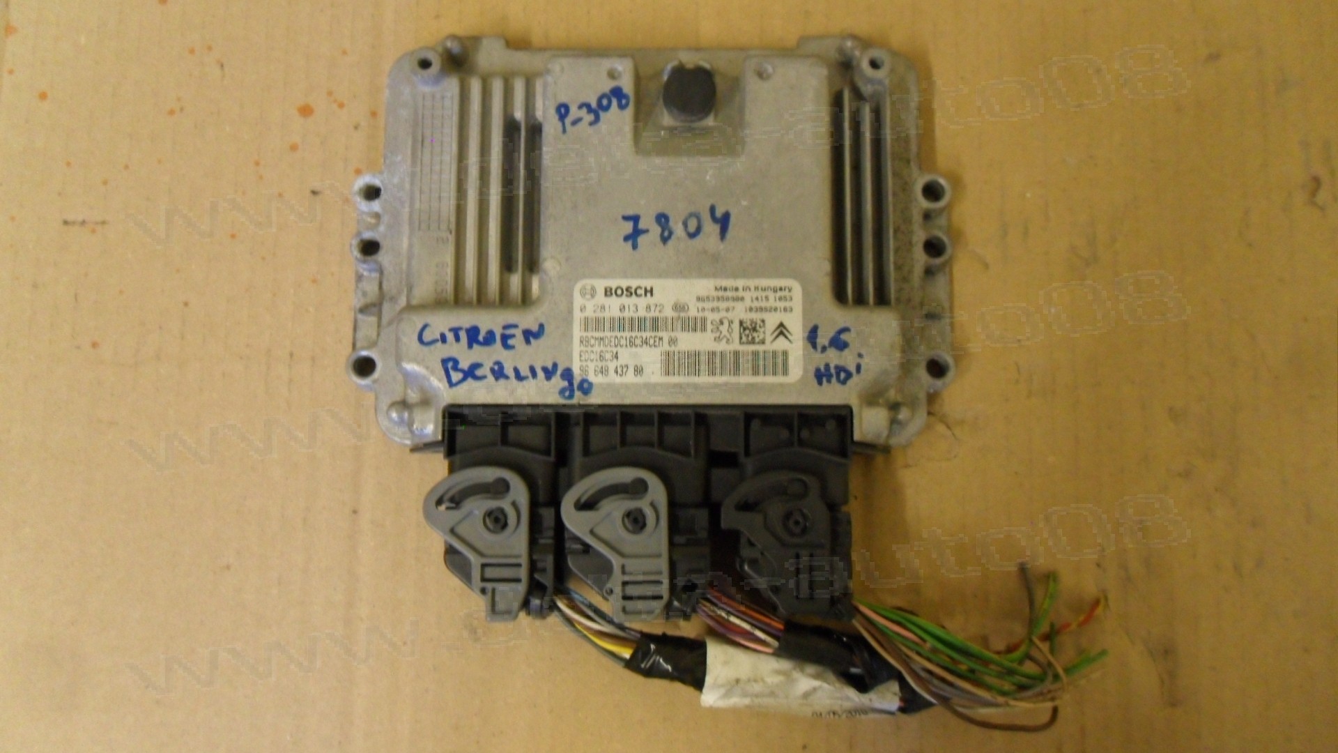 Компютър двигател за Peugeot 308, Citroen Berlingo, 1.6 HDI, 2007-2017г., 0 281 013 872, 0281013872, 96 648 437 80, 9664843780, 9653958980, 1039S20163